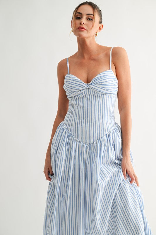 Sleeveless Stripe Print Midi Dress Blue