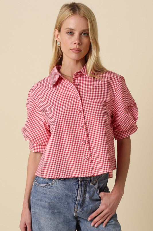 Short Puff Sleeve Button Down Gingham Print Top Red