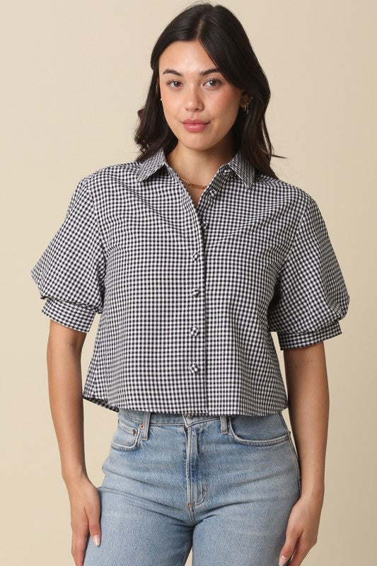 Short Puff Sleeve Button Down Gingham Print Top Black