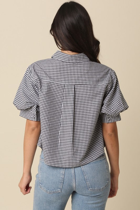 Short Puff Sleeve Button Down Gingham Print Top Black