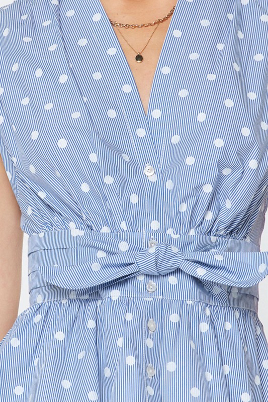 Short Cap Sleeve Button Down Polka Dot Print Peplum Top Blue