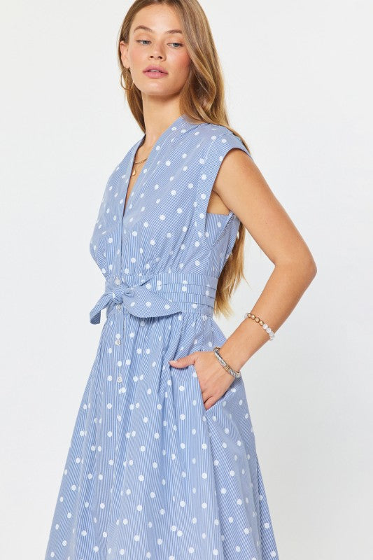 Short Sleeve Waist Tie Button Front Polka Dot Print Midi Dress Blue