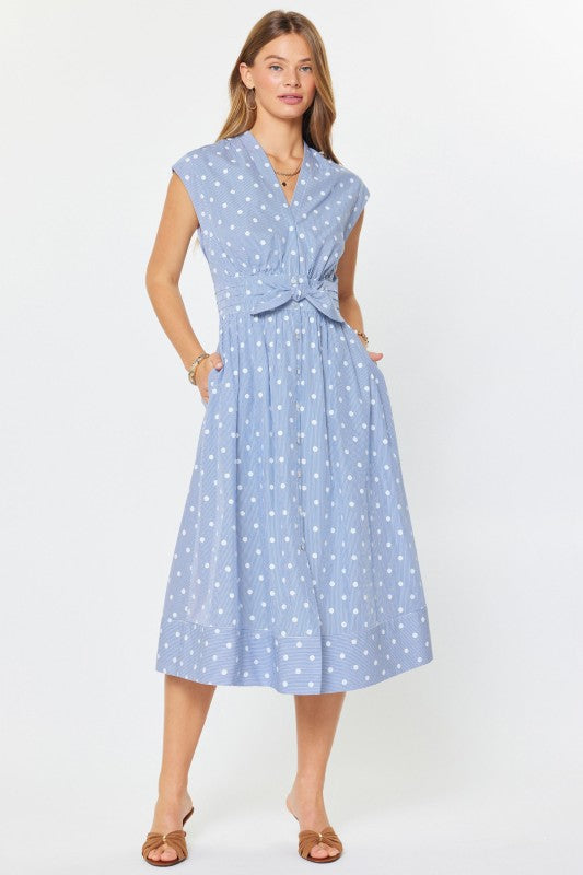 knee length dresses for ladies BOUTONS LONG DRESS in blue and white polka dots – Marcia Wear
