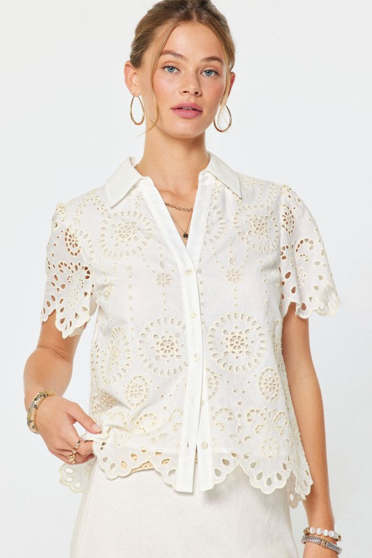 Short Sleeve Button Down Embroidered Eyelet Top White