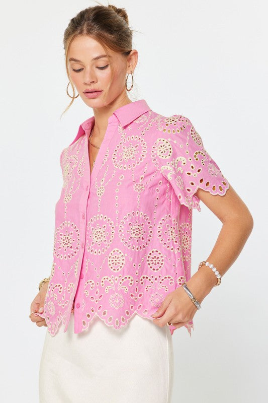 Short Sleeve Button Down Embroidered Eyelet Top Pink