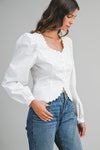 Long Puff Sleeve Button Down Scalloped Top White