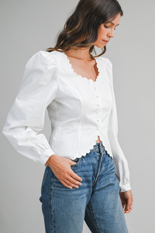 Long Puff Sleeve Button Down Scalloped Top White
