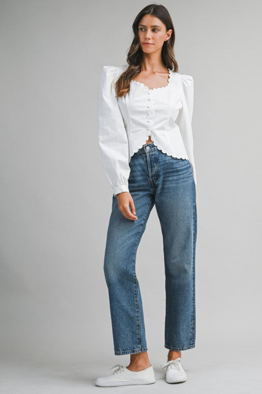 Long Puff Sleeve Button Down Scalloped Top White