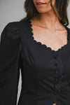 Long Puff Sleeve Button Down Scalloped Top Black