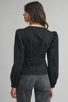 Long Puff Sleeve Button Down Scalloped Top Black