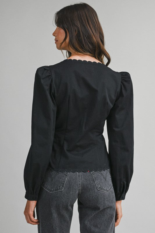 Long Puff Sleeve Button Down Scalloped Top Black