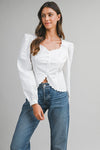 Long Puff Sleeve Button Down Scalloped Top White