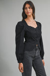 Long Puff Sleeve Button Down Scalloped Top Black