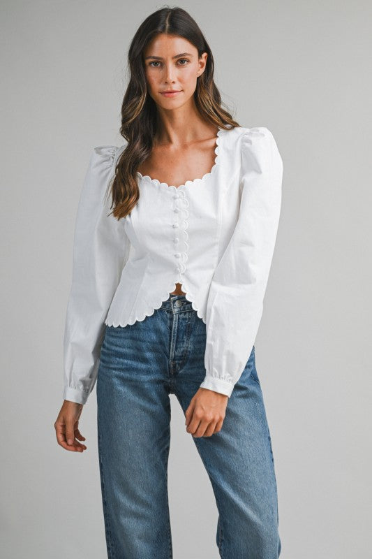 Long Puff Sleeve Button Down Scalloped Top White
