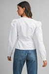 Long Puff Sleeve Button Down Scalloped Top White