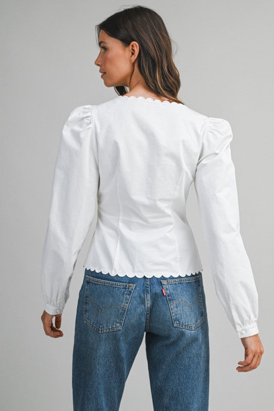 Long Puff Sleeve Button Down Scalloped Top White