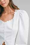 Long Puff Sleeve Button Down Scalloped Top White