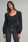 Long Puff Sleeve Button Down Scalloped Top Black