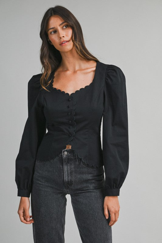 Long Puff Sleeve Button Down Scalloped Top Black