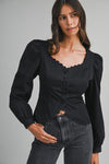 Long Puff Sleeve Button Down Scalloped Top Black
