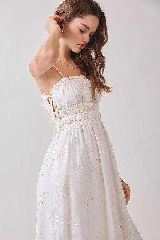 Sleeveless Floral Print Eyelet Midi Dress White