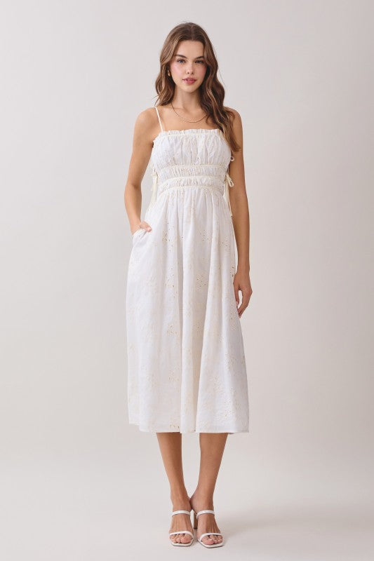 Sleeveless Floral Print Eyelet Midi Dress White