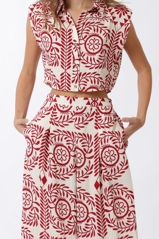 Sleeveless Button Down Top And Wide Leg Pants Set Ivory