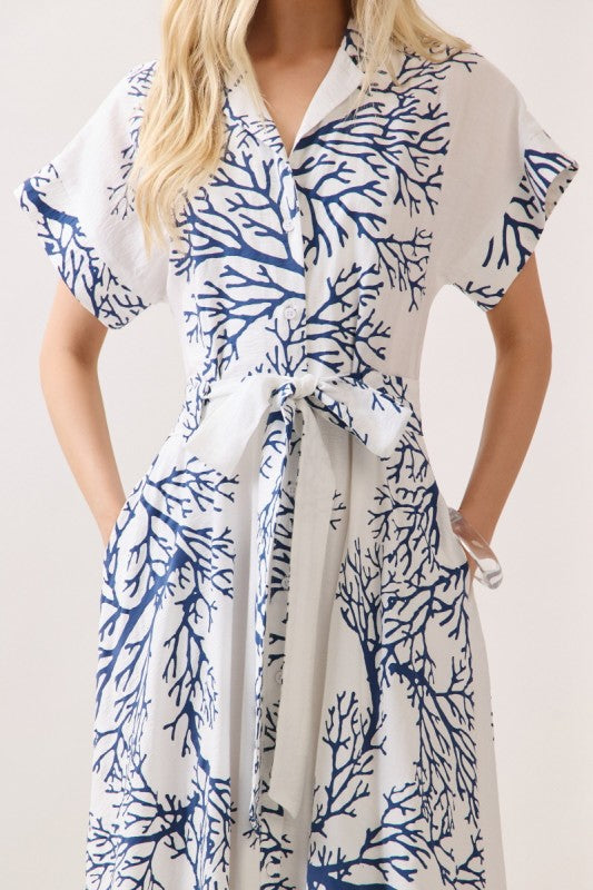 Short Sleeve Waist Tie Damask Print Maxi Dress Ivory