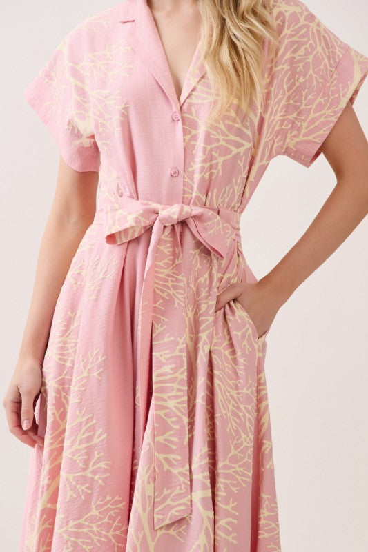 Short Sleeve Waist Tie Damask Print Maxi Dress Pink