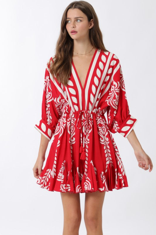 3/4 Dolman Sleeve Waist Tie Abstract Print Mini Dress Red