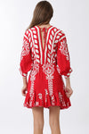 3/4 Dolman Sleeve Waist Tie Abstract Print Mini Dress Red