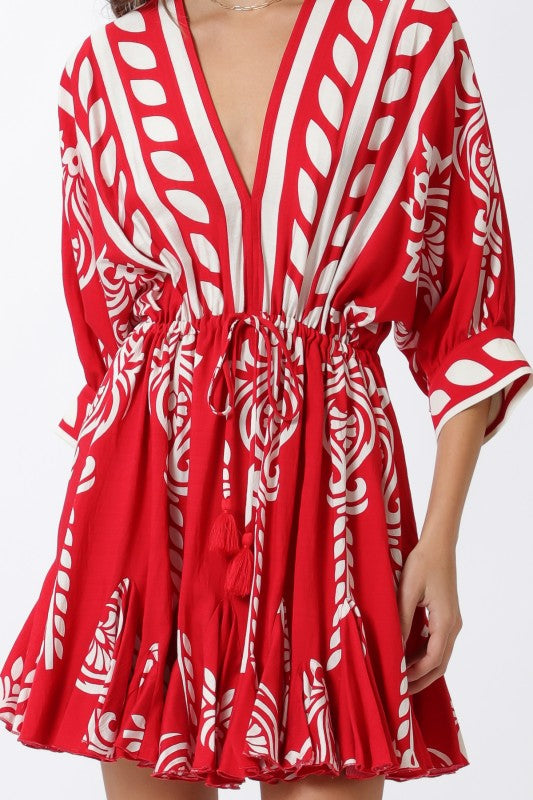 3/4 Dolman Sleeve Waist Tie Abstract Print Mini Dress Red