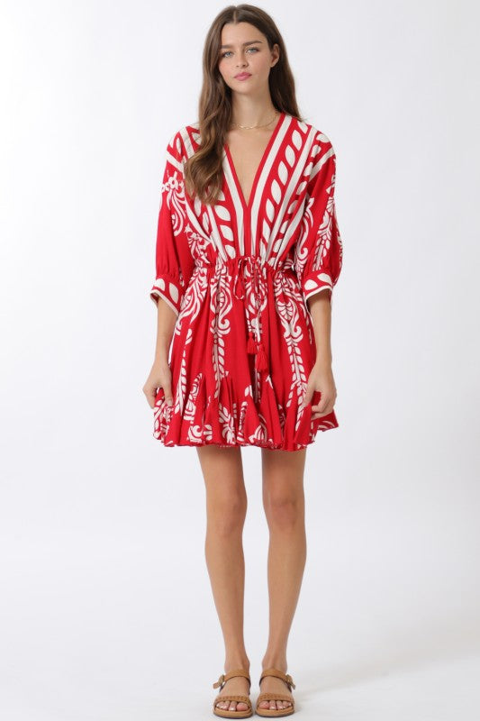 3/4 Dolman Sleeve Waist Tie Abstract Print Mini Dress Red