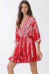 3/4 Dolman Sleeve Waist Tie Abstract Print Mini Dress Red