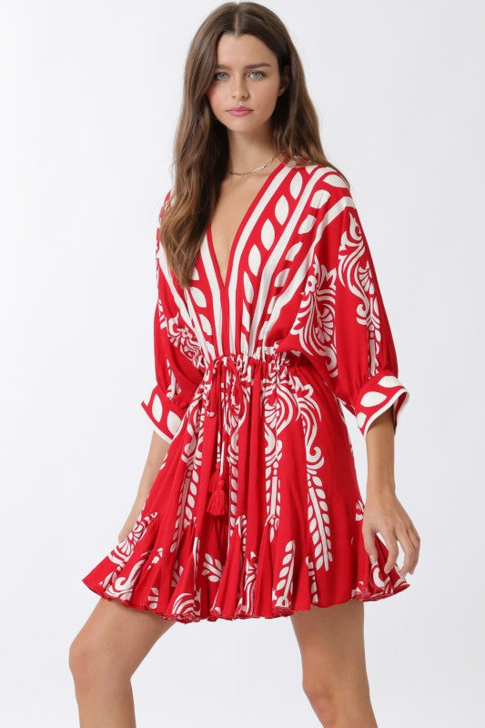3/4 Dolman Sleeve Waist Tie Abstract Print Mini Dress Red