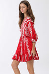 3/4 Dolman Sleeve Waist Tie Abstract Print Mini Dress Red