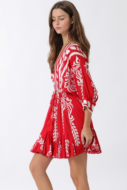 3/4 Dolman Sleeve Waist Tie Abstract Print Mini Dress Red