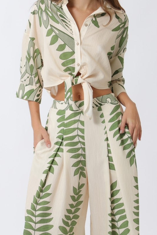 3/4 Sleeve Button Down Top And Wide Leg Pants Set Ivory