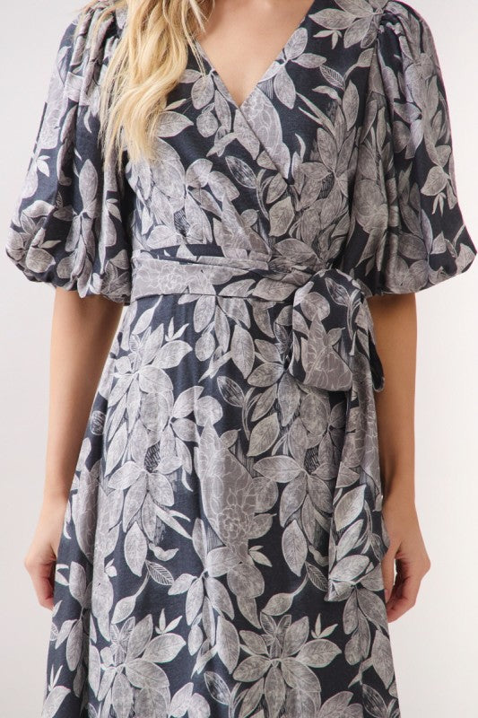 Short Bubble Sleeve Floral Print Wrap Maxi Dress Navy