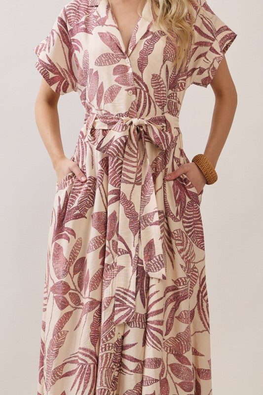  Short Sleeve Waist Tie Tropical Print Maxi Dress Pink