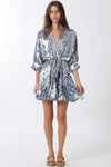 3/4 Dolman Sleeve Waist Tie Abstract Print Mini Dress Navy