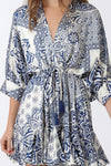 3/4 Dolman Sleeve Waist Tie Abstract Print Mini Dress Navy