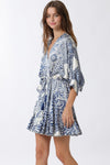 3/4 Dolman Sleeve Waist Tie Abstract Print Mini Dress Navy