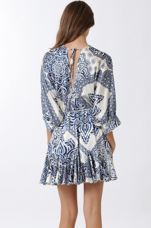 3/4 Dolman Sleeve Waist Tie Abstract Print Mini Dress Navy