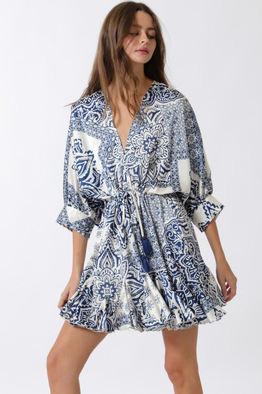 3/4 Dolman Sleeve Waist Tie Abstract Print Mini Dress Navy