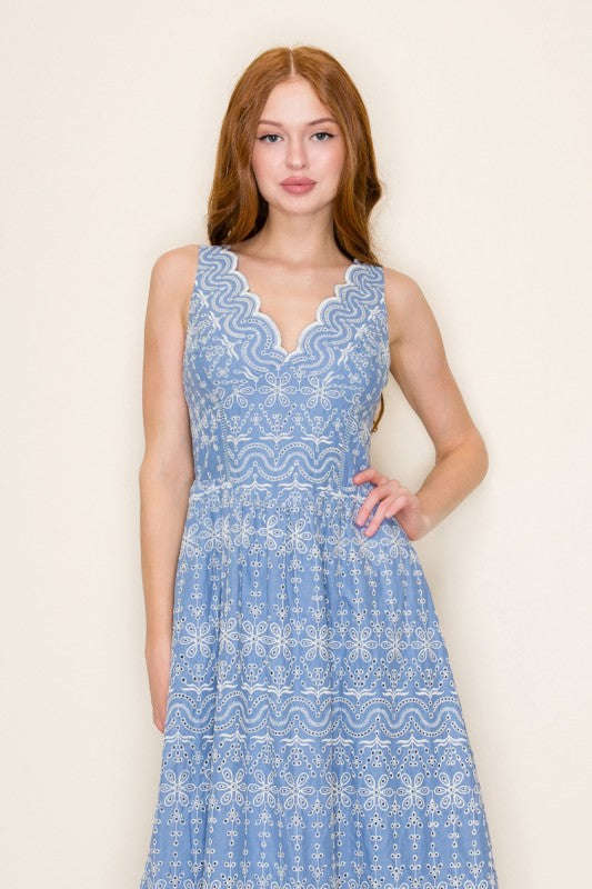 Sleeveless Embroidered Floral Midi Dress Blue