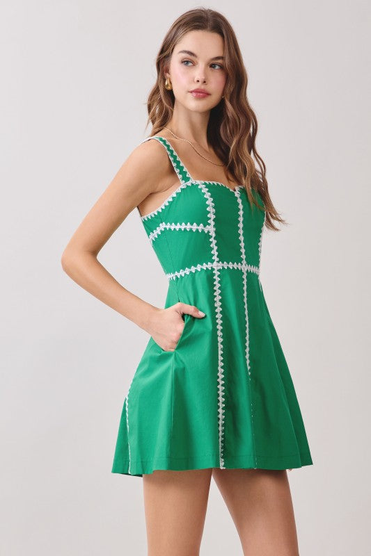 Sleeveless Contrast Stitch Mini Dress Green