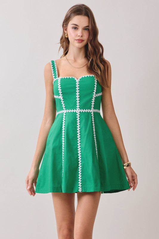 Sleeveless Contrast Stitch Mini Dress Green