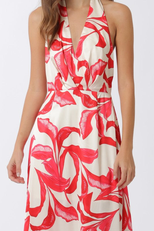 Sleeveless Halter Leaf Print Wide Leg Jumpsuit Red