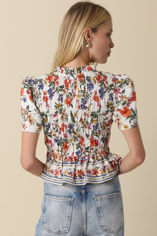 Short Sleeve Front Tie Floral Print Peplum Top White